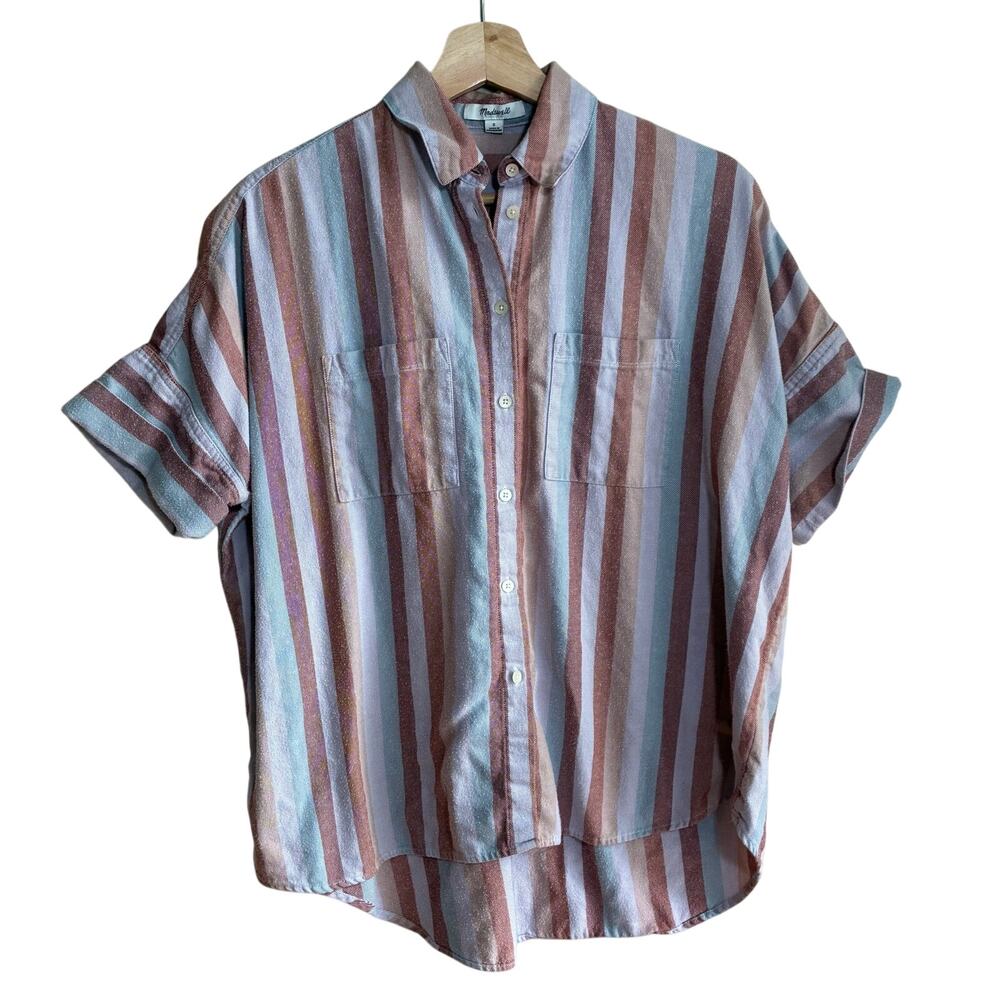Madewell cotton coral blue striped button down short sleeved shirt women's small